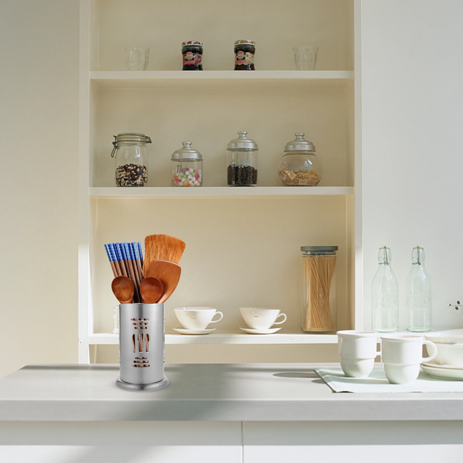 

Stainless Steel Utensil Holder Cutlery Kitchen Supplies Spoon Fork Chopstick Draining Rack Desktop Container Silver