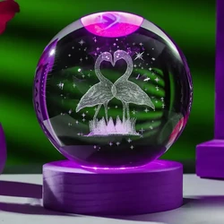 1PC Flamingo 3D laser carved crystal ball with colorful lamp holder, home decoration, for girlfriends, wives, birthday gifts