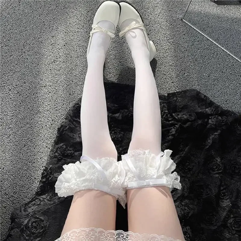 Calzini sopra il ginocchio Lolita con nastro multistrato con bordi in pizzo Stile giapponese Sweet Girl Nodo a farfalla Pure Desire School Girl