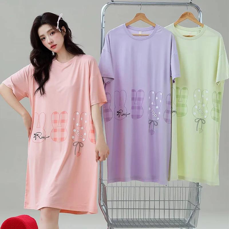 

Nightdresses Summer Women Short Sleeves Nightgown Flowers Cartoon Letters Bear Long Skirt Sleep Shirt Dirl Dress Sleepwear