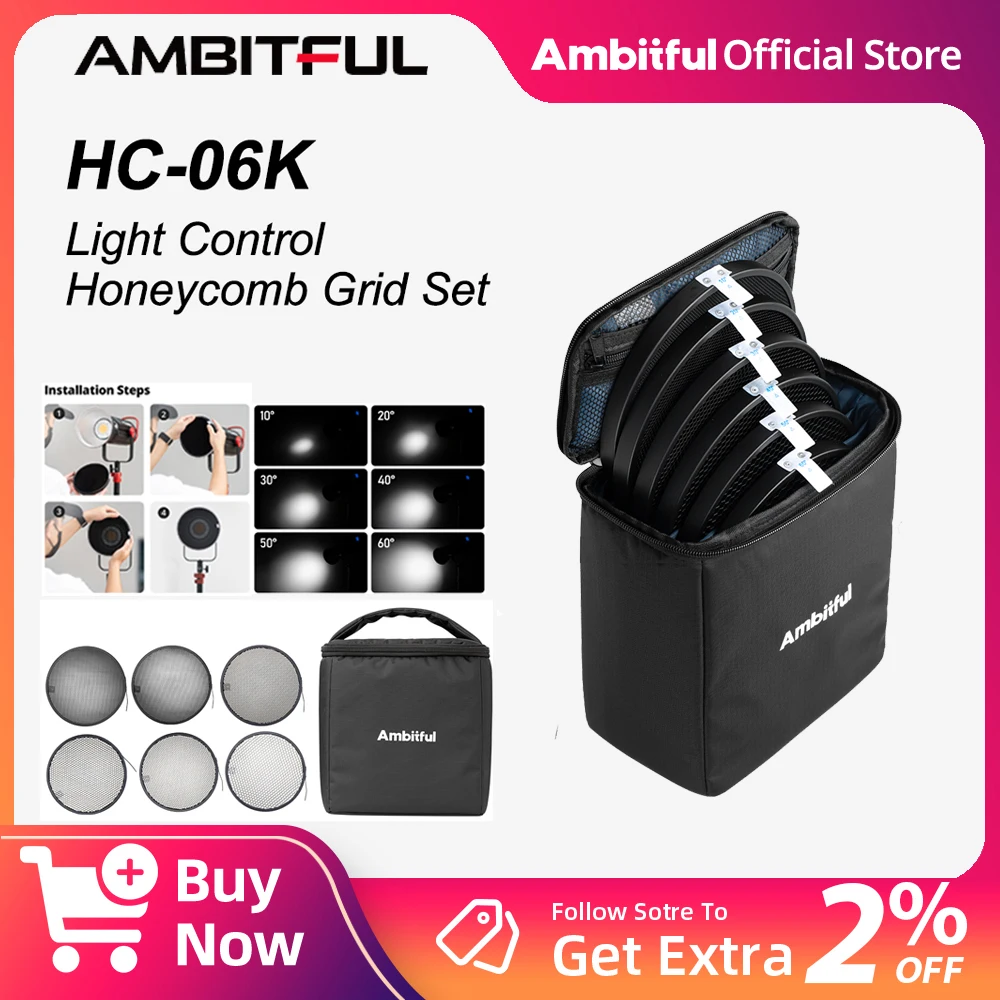 

Ambitful HK-06C Spotlight Honeycomb Grid Set Speedlite Reflector Diffuser 7'' Standard Bowens Mount 10/20/30/40/50/60 Degree