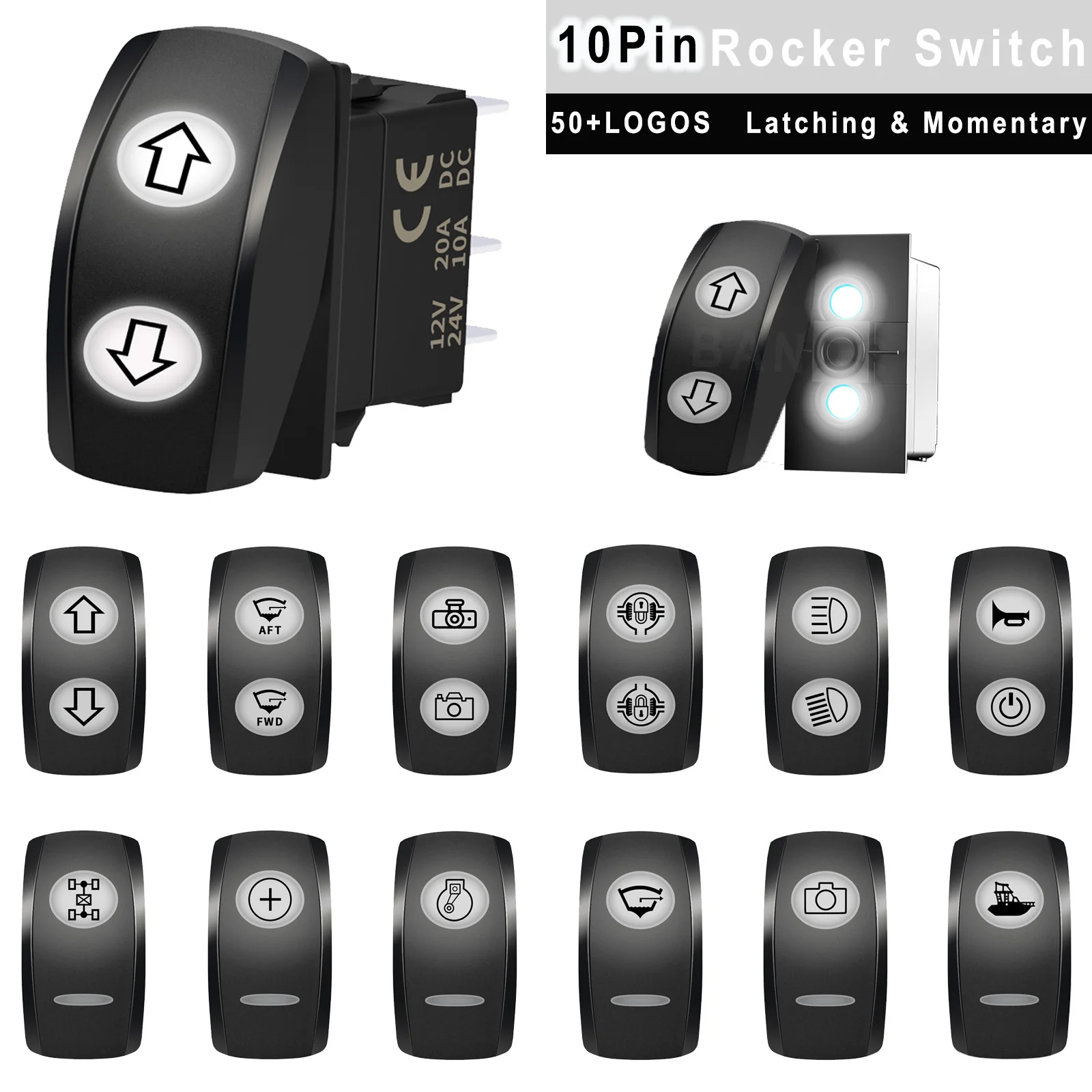 12V Dual White LED Rocker Switch 10 Pin ON-OFF/ON-OFF-ON/(ON)-OFF-(ON) Toggle Switch for ARB RV Jeep Boats Machinery