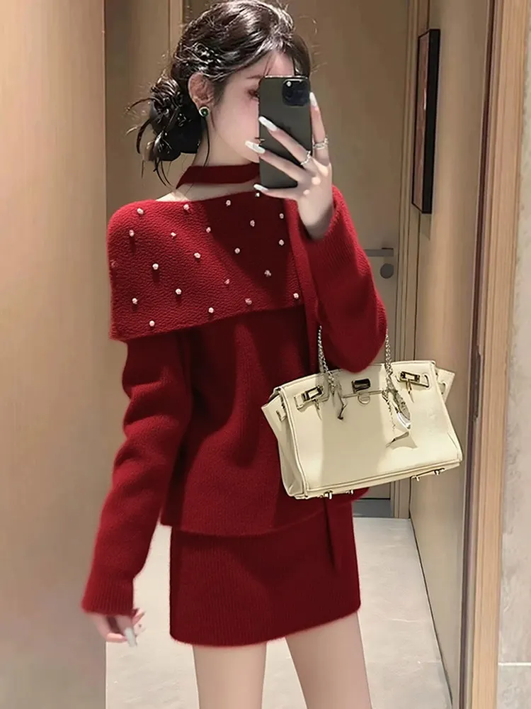 

Winter Faion Korean Sle Rich Girl Small Fraance Sle Miu Series High Waist Bicolor Knitted Sweater And Skirt Set