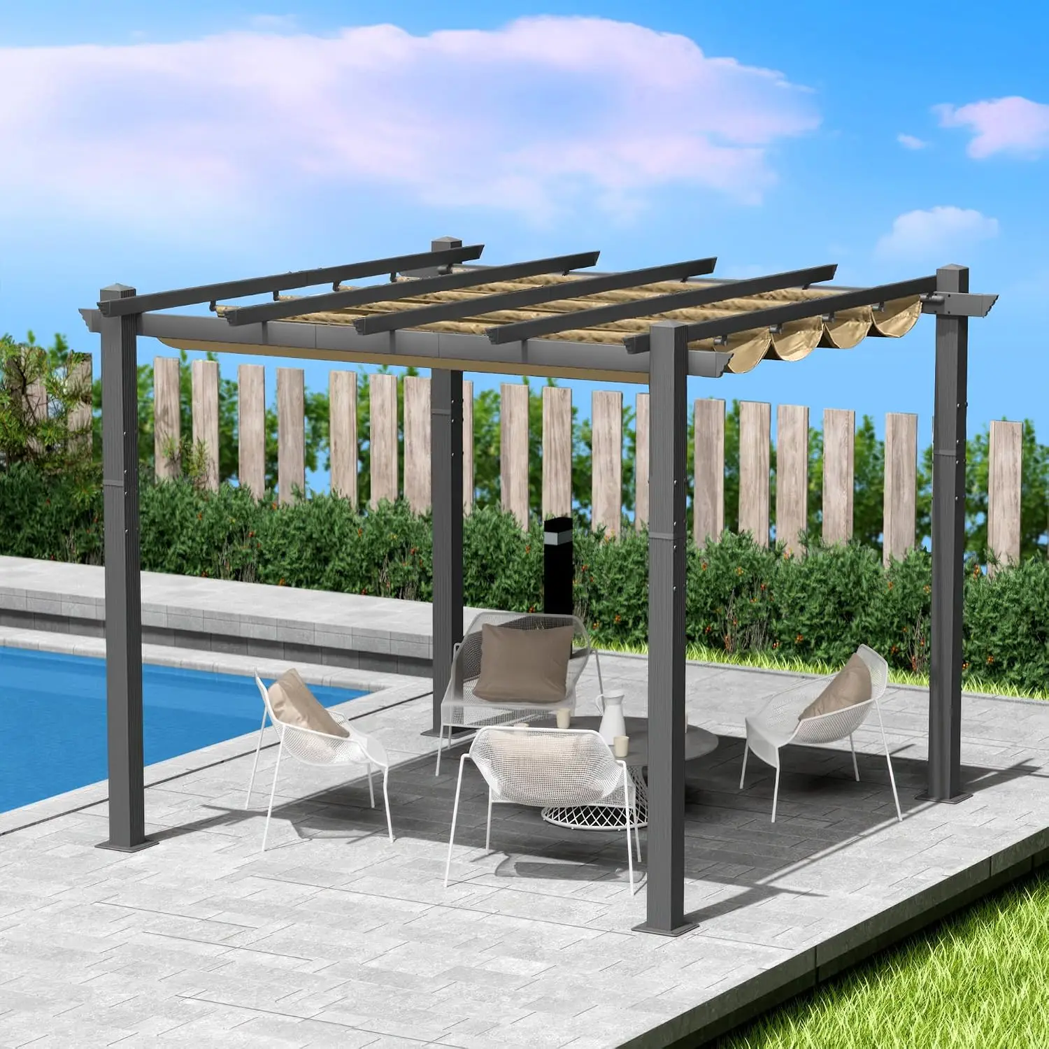 Outdoor Retractable Pergola with Sun Shade Canopy for Patio Garden Deck, Customized