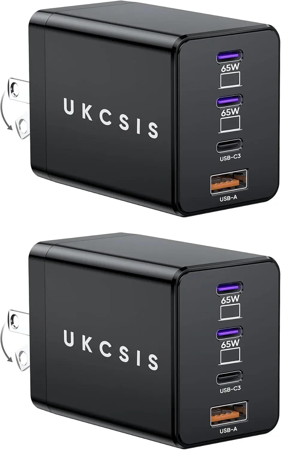 

2 Pack 65W GaN USB C Charger, 4-Port Foldable Fast Charging Block for Laptop, MacBook, iPad, iPhone, Samsung, Travel
