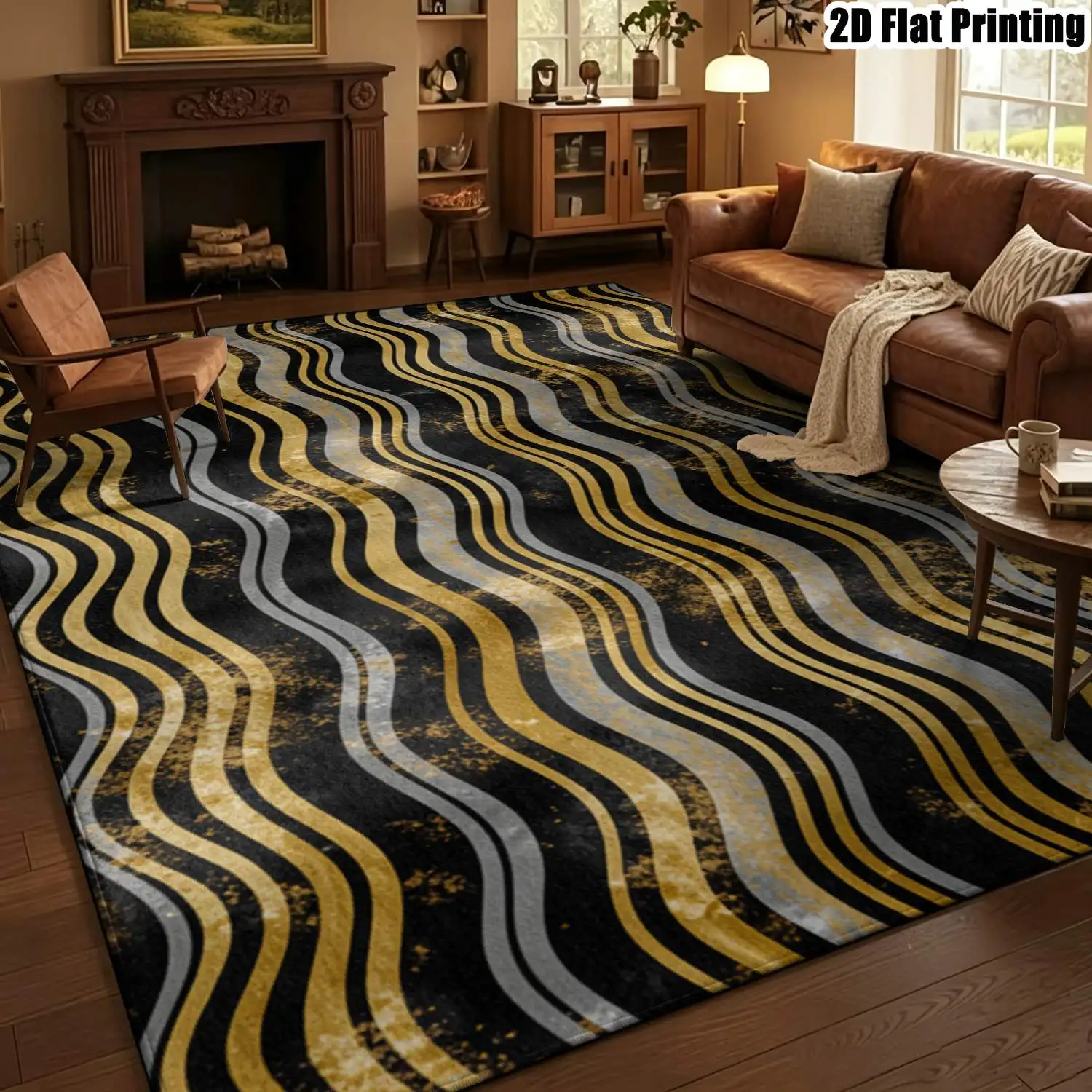1Pc 2D Printed Carpet: Black, Gold & Gray Wave Stripe, Modern Geometric Pattern, Machine Washable, Multi-Size for Home Decor & Multi-Scene Use