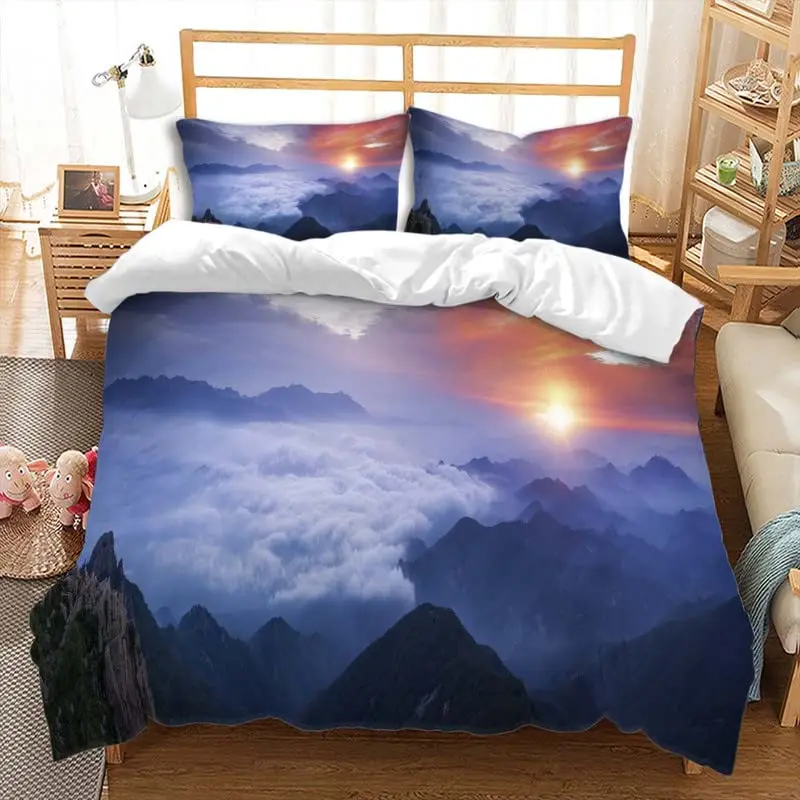

Scenery Duvet Covers for Teens Adults Queen King Quilt Cover with 2 Pillowcase Mountain Top Sunrise Sunset Scenery Bedding Set