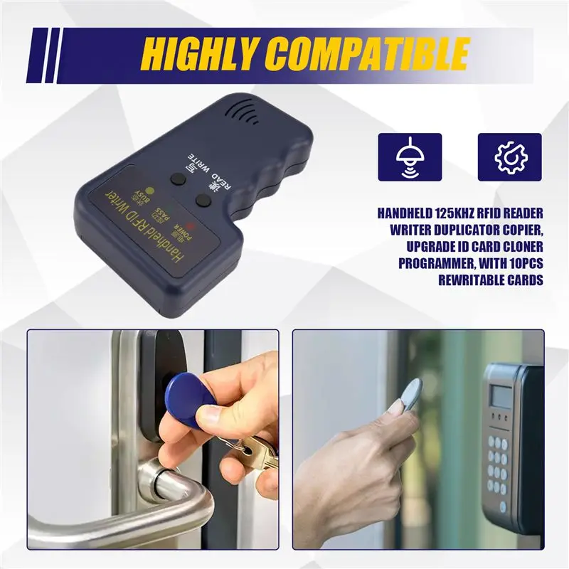 A08E-Handheld 125Khz RFID Reader Writer Duplicator Copier, Upgrade ID Card Cloner Programmer, With 10Pcs Rewritable Cards