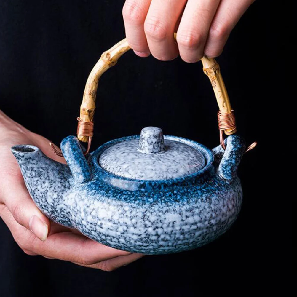 

Bamboo Handle Home Tea Kettle Ceramic Metal Portable Tea Container Blue Suitable for Store Livingroom Kettle Container