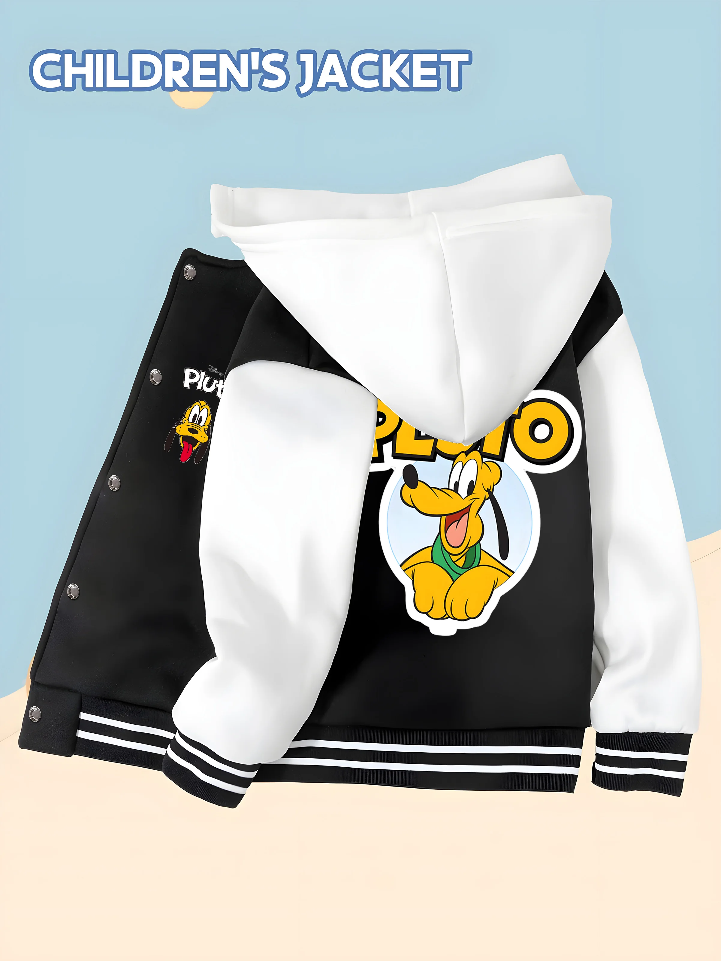 

MINISO Disney Boys' Baseball Jacket - Cute Pluto Print, Double-sided Graphic Design, Versatile, Casual, and Trendy