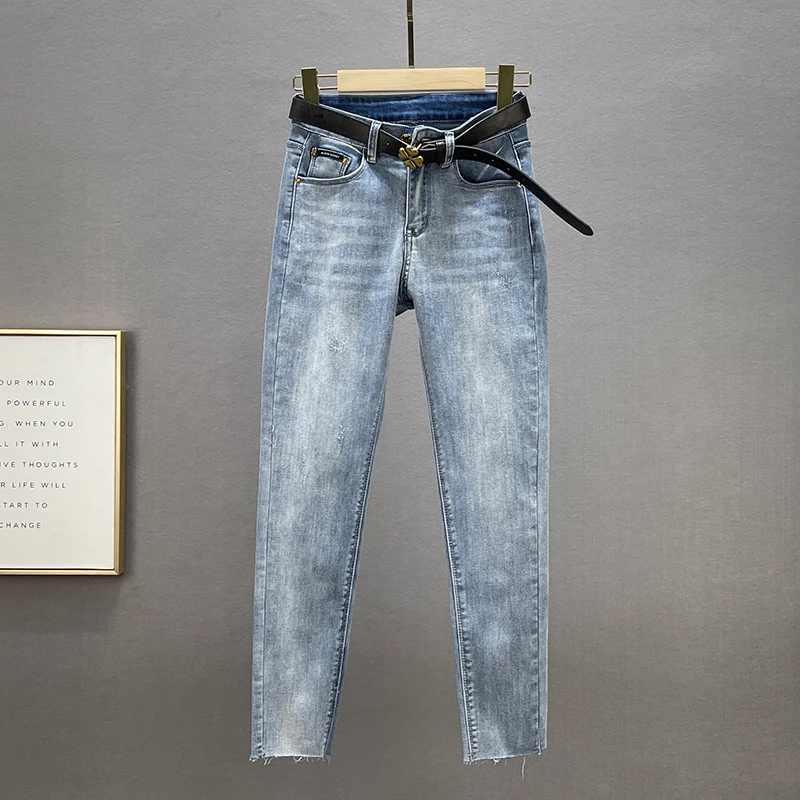 

Джинсы Slim Fit с высокой талией, 9-дюймовые, женские, из эластичного хлопкового денима, весенняя новинка, модные утягивающие брюки-карандаш