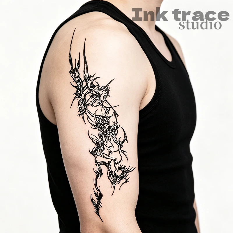 Gothic Thorn Abstract Line Temporary Tattoo Stickers Black Dark Style Waterproof Fake Body Tattoo For Upper Arm Decor