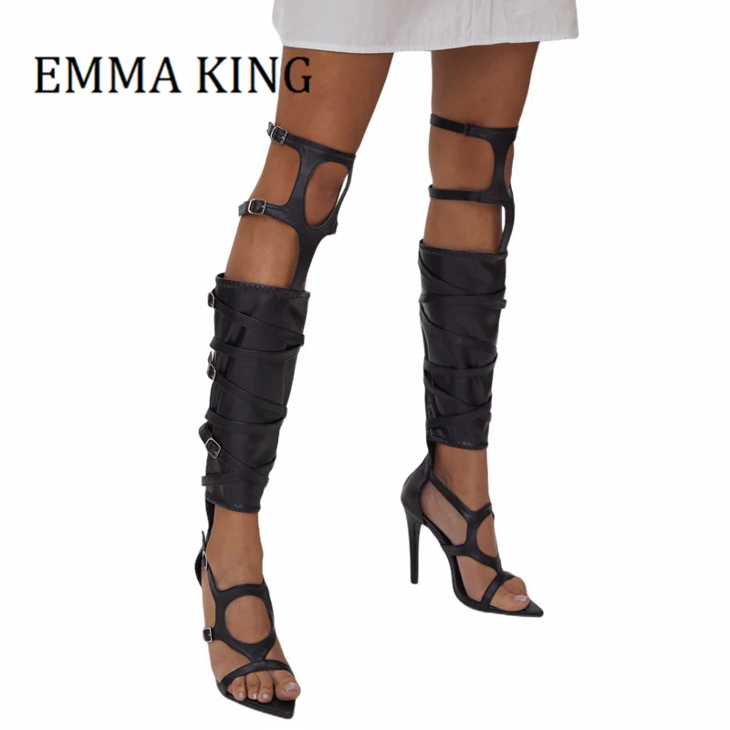 

Women Buckle Strappy Gladiator Sandals Boots Sexy Peep Toe Stiletto Heel Over The Knee Boots Runway Summer Shoes Botas De Mujer