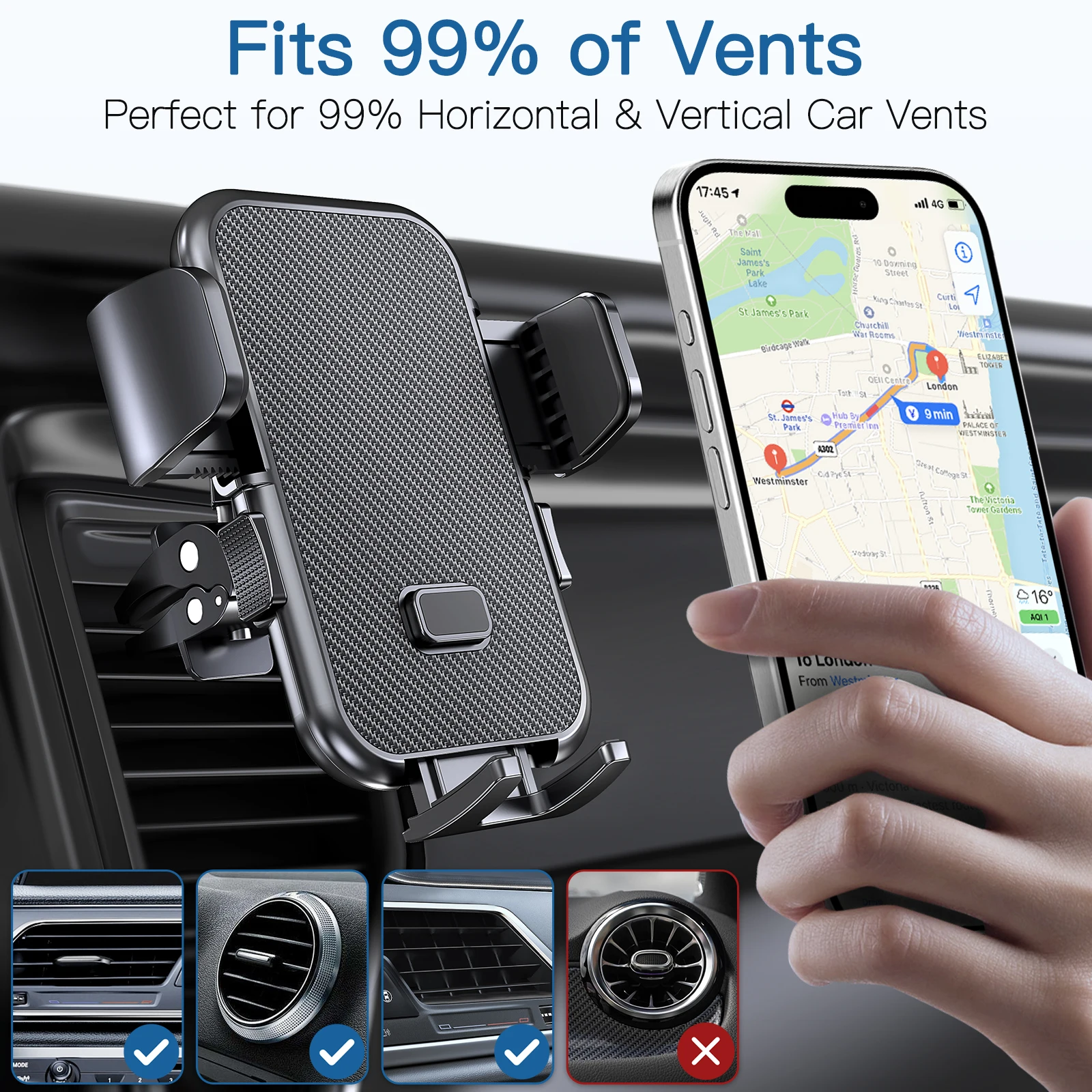 Car Air Vent Phone Mount Holder,360°Rotation,Solid & Steady,Auto-Clamping,Compatible with 4-7 inchs iPhone Sumsang Cellphone.