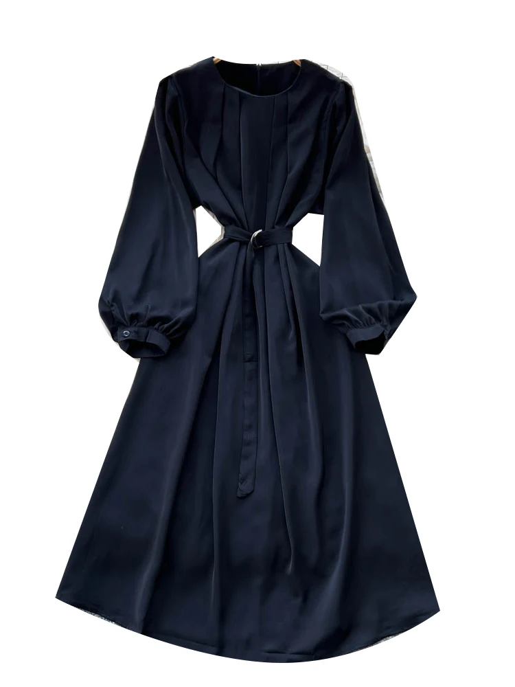 Retro runde Ne Plissee Design Sinn Belted Taille Laterne Sve Dr Frauen Herbst Abnehmen Lange Dr Koreanische Sle Hohe Wa...