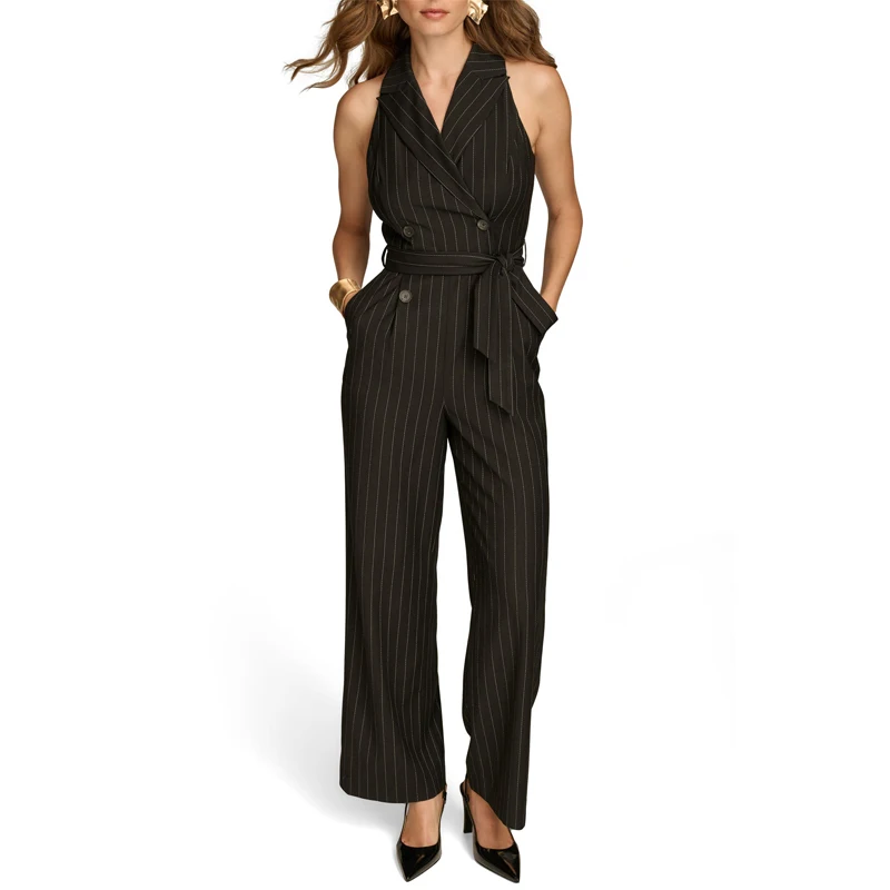 

Women's Sleeveless Striped Jumpsuit Black