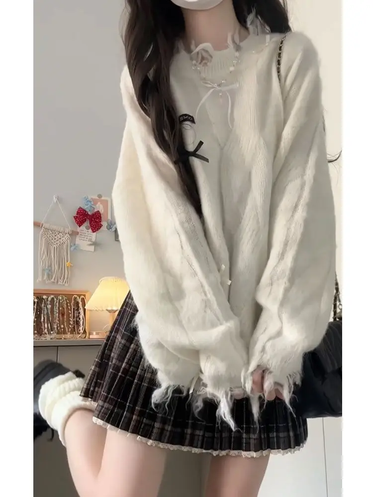 

Japan Korean Style Complete Set Of Spring New Style Lazy Style Soft Waxy Knitted Sweater And Plaid Pleated Skirt Two-Piece Set