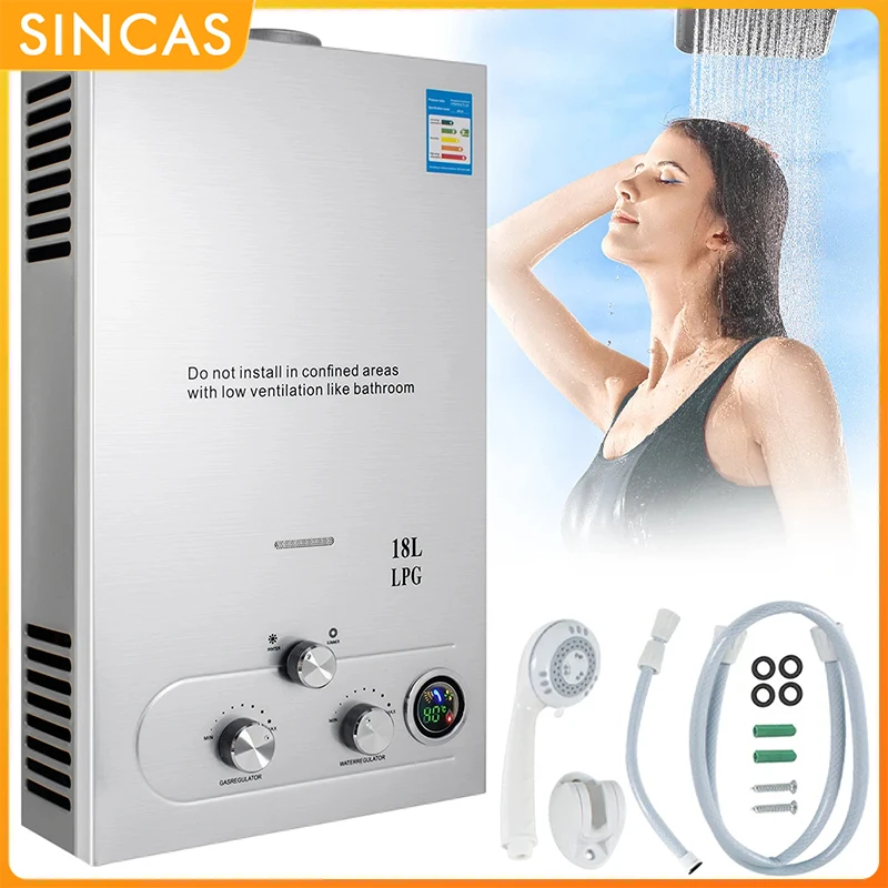 Calentador de agua caliente instantáneo de Gas propano LPG de 18l, Caldera de acero inoxidable para exteriores, sin depósito, kit de ducha de caldera bajo demanda