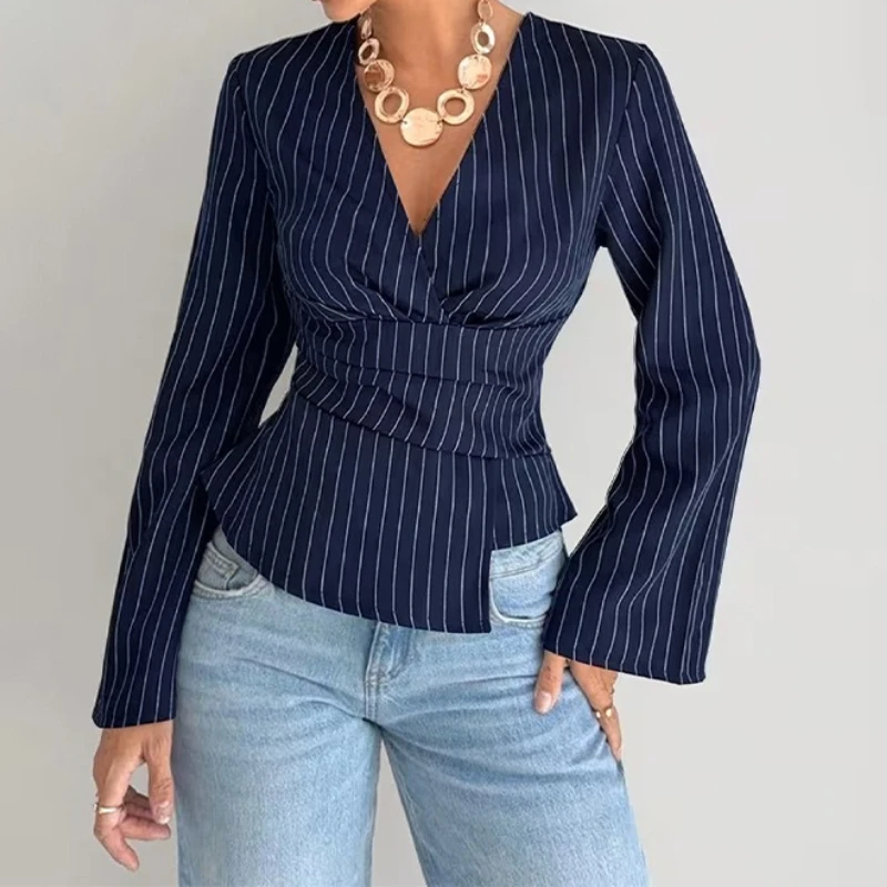 Women's Fashion Striped V-Neck Long Sleeve 2026 Waist-Concealed Shirt Pullover