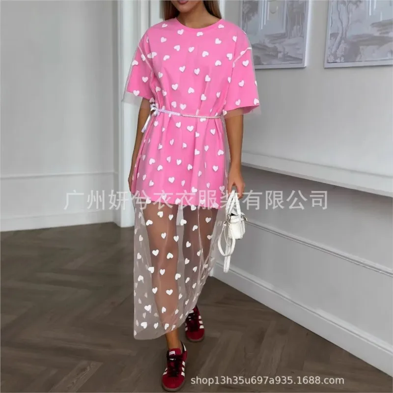 2025 Heart-shaped Print Dress Mesh Splicing Loose Short Sleeve T-shirt Cotton O-neck Fashion Chic New Summer Dresses for Women