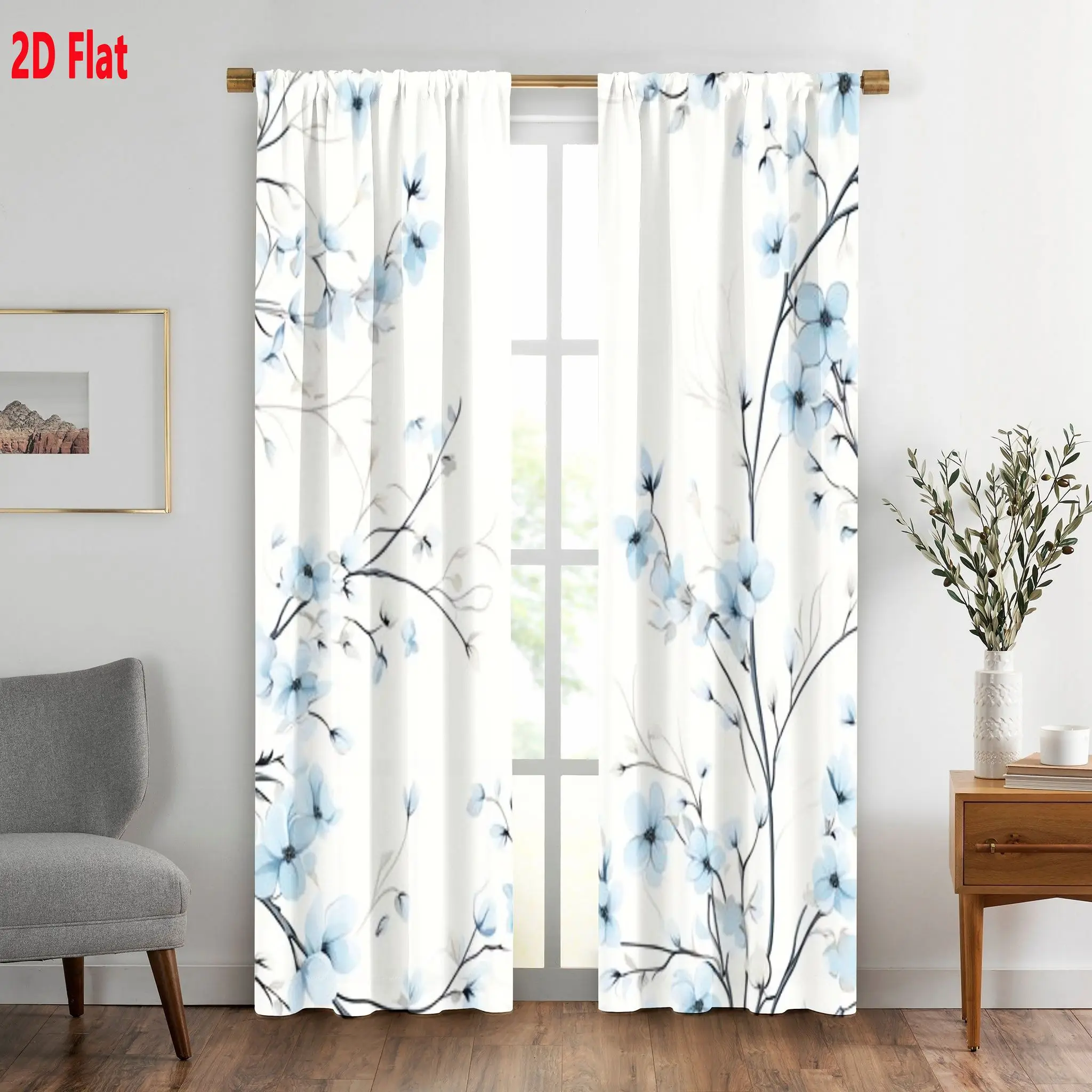 Decorative Blue Floral Pattern Curtain Pair 2pcs Lightweight Modern Sheer Panels for Living Room Bedroom Home Decor Window Shade