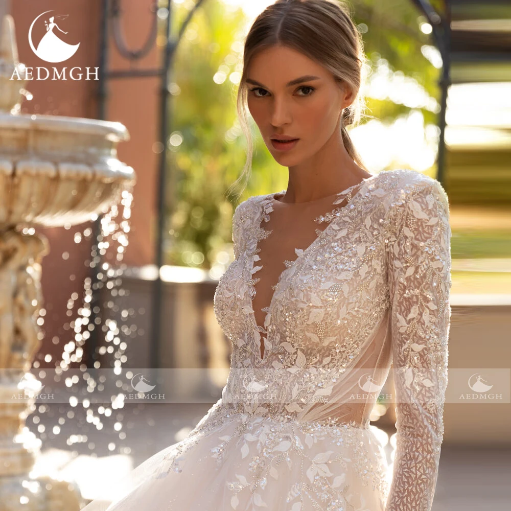 Aedmgh-vestidos De novia brillantes, corte en A, cuello en V, manga larga, bata De novia con cuentas De encaje y lentejuelas, elegante vestido De novia hecho a medida De lujo