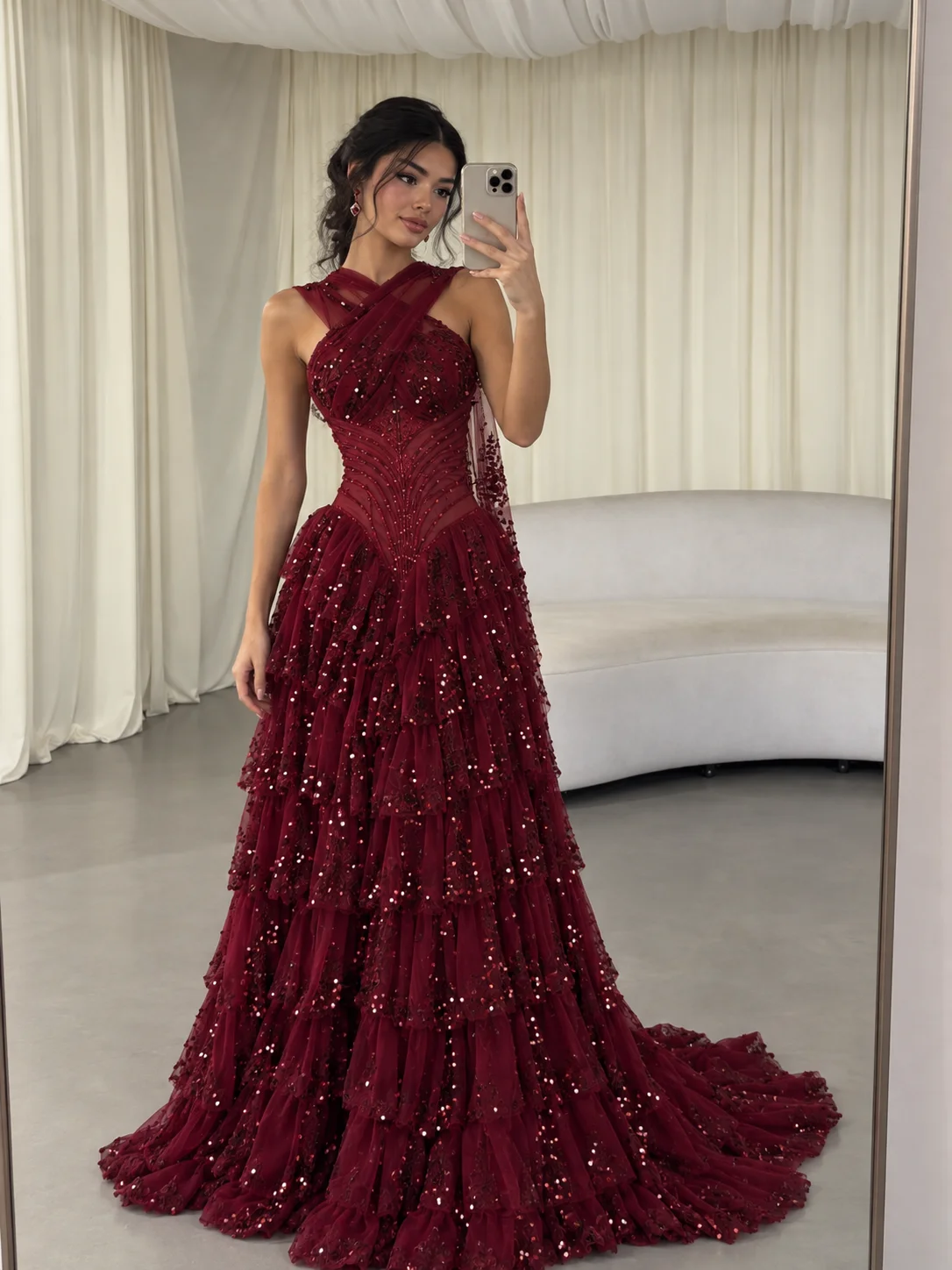 LumiGown Burgundy Halter Tiered Tulle Evening Dress Beaded Sequin Corset Formal Gown Custom Luxury Ruffle Cake Prom Dress Women