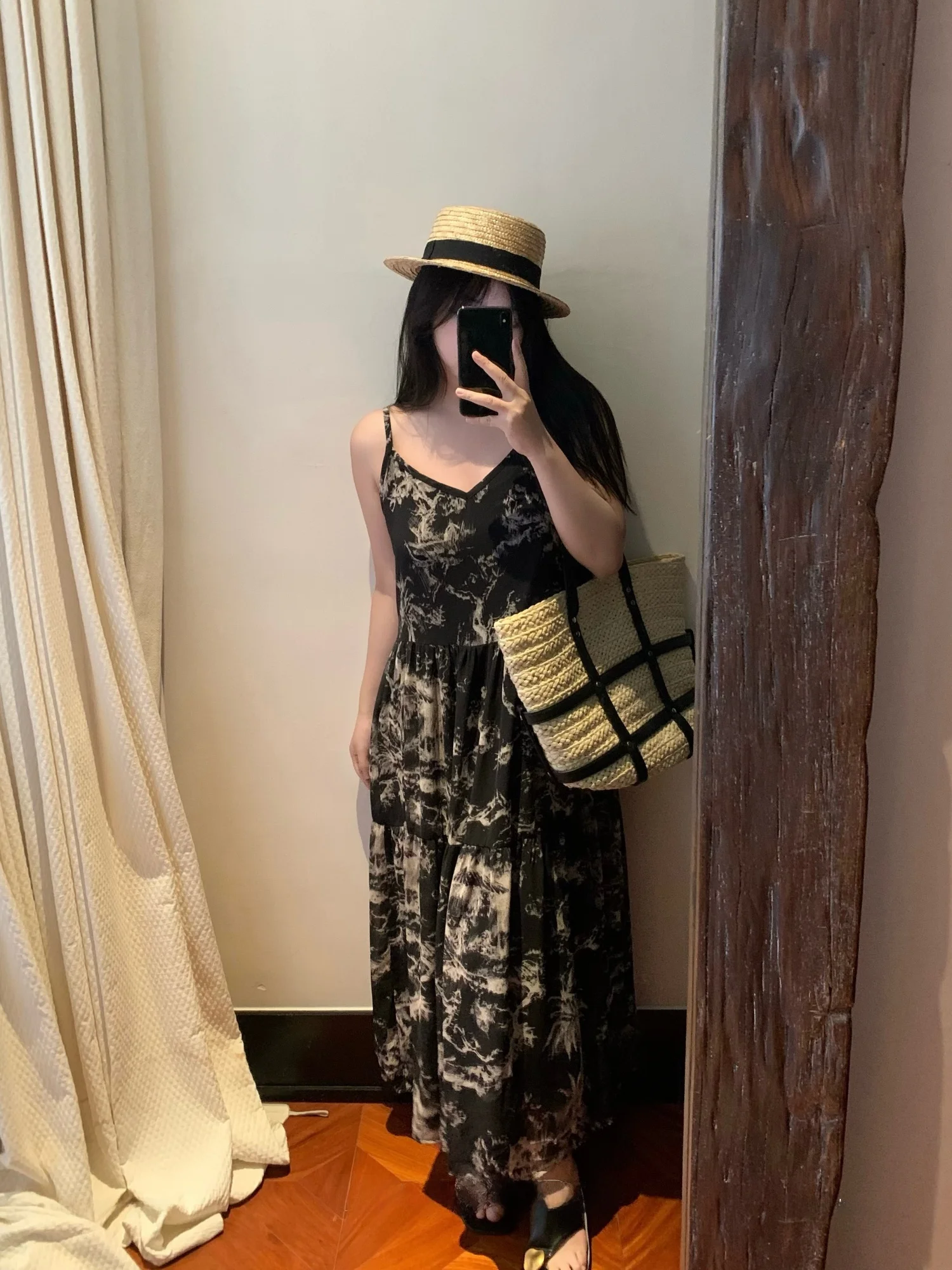 

Summer Slimming Long Dress DEMA Water-Mark Tie-Dye Halter Gown City Commute Date Casual Travel V-Neck A-Line Skirt Back Zipper