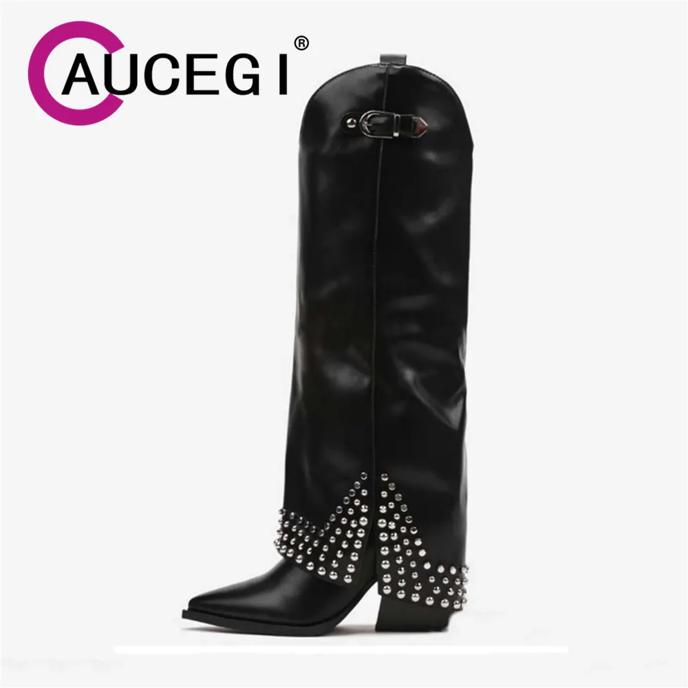 

Aucegi New Arrival Women Quality Leather Rivet Studded Knee High Boots Sexy Pointed Toe Chunky Heels Party Office Handmade Shoes