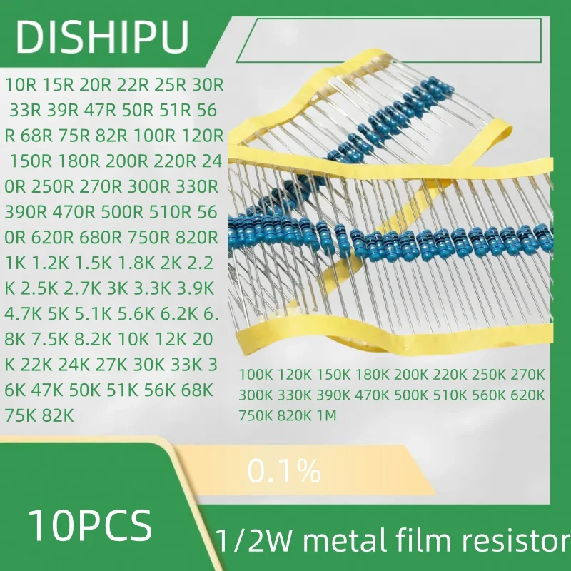 Película metálica resistente, 10 piezas, 1/2W, 10R, 15R, 20R, 22R, 25R, 30R, 33R, 47R, 50R, 51R, 56R, 68R, 75R, 82R, 100R, 120R, 180R, 200R, 220R, 240R ~ 1M