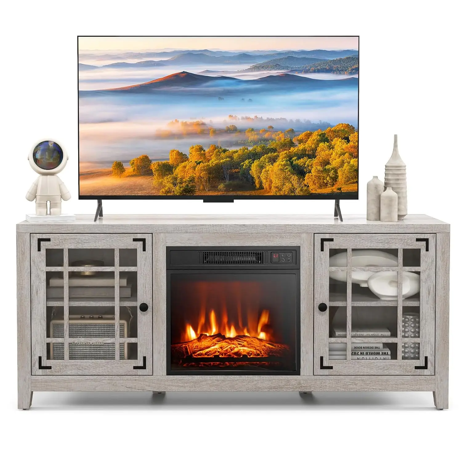 Electric Fireplace TV Stand 65-inch TV 18-inch Heater Remote Thermostat Adjustable Shelves Living Room Bedroom Grey, Customized
