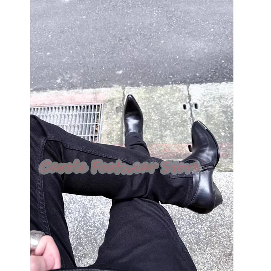 ファッションデザイン奇妙なヒール本革チェルシーブーツ男性用メタル装飾ポインテッドトゥ 5 センチメートルハイヒール男性アンクルブーツ