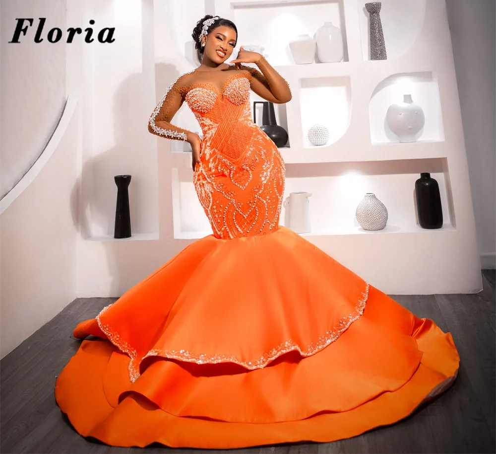 

African Orange Mermaid Wedding Party Gowns Elegant Black Girls Beading Evening Dress Dubai Prom Dress Robes De Soirée Customized