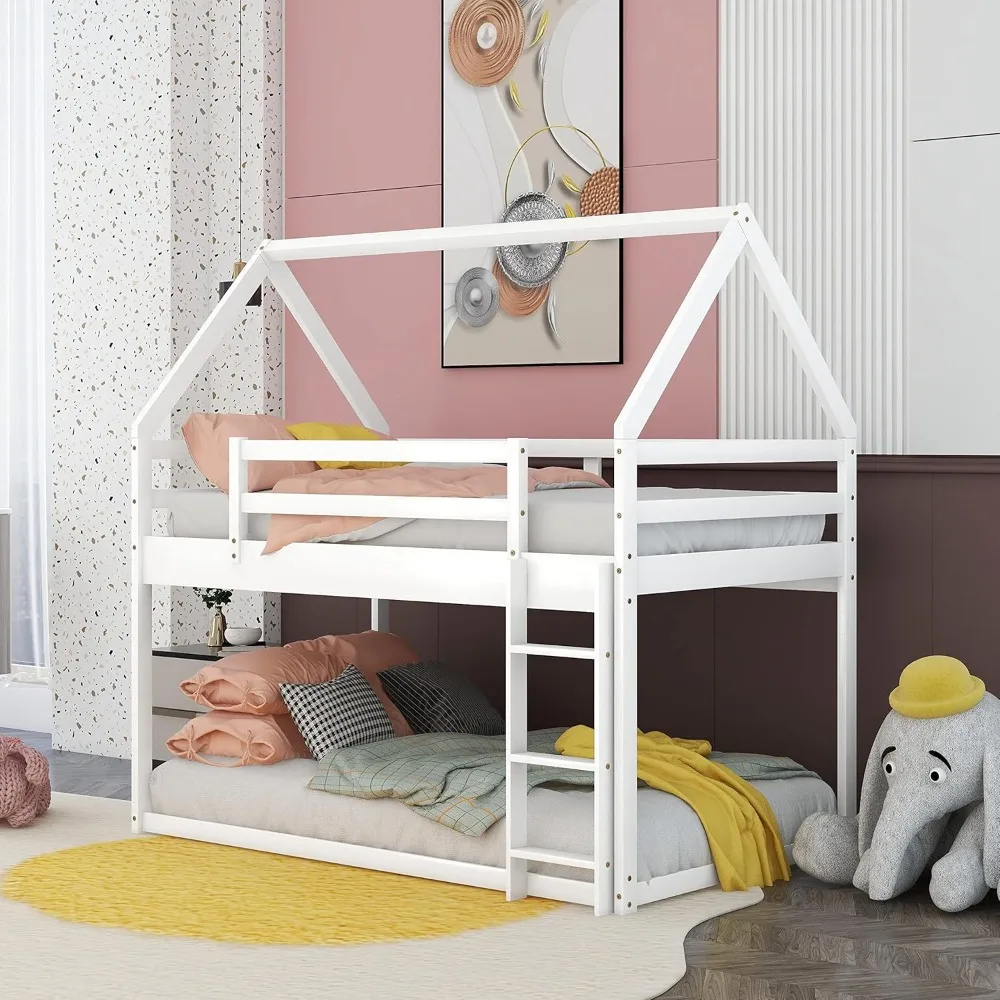 سرير خشبي بطابقين، مزدوج فوق سلم، إطار سرير بطابقين للفتيات والأولاد، مقاس أرضي للأطفال الصغار، أبيض #3