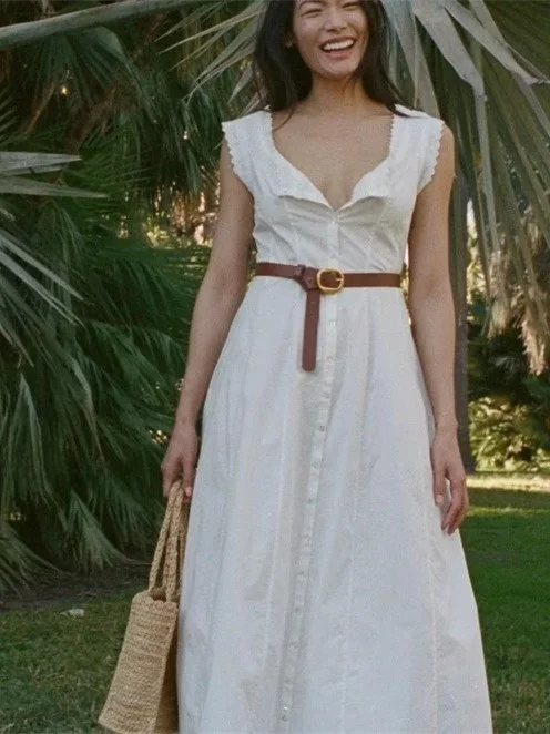 Biologisch katoen Kanten rand Svel Hoge taille Knoopsluiting Dr Dames Midi A-lijn Dr Zomer Woon-werkverkeer Basic Sle Pure kleur