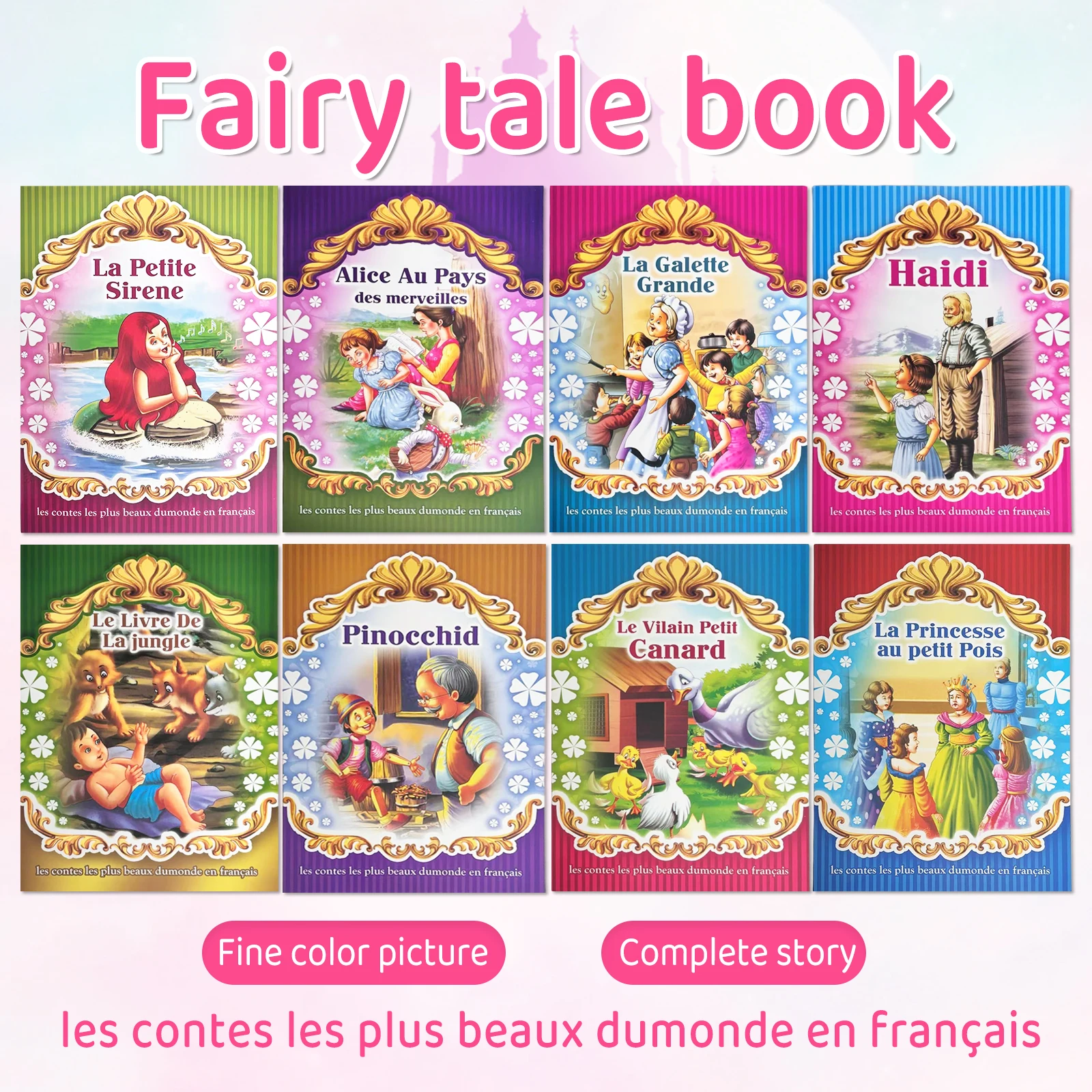 1 Set of 8 French Kid Storybooks, Ages 4-8, Classic Fairy Tales (Pinocchio, Ugly Duckling),Boost Imagination,Puzzle Books