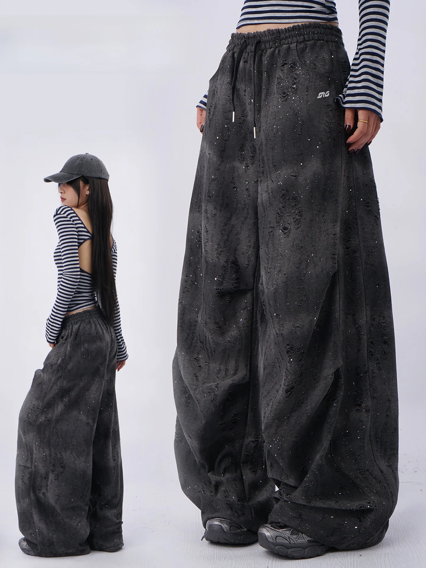 

Women's Glowing Gradient Destroyed Heavy-Work Wide-Leg Pants Casual Low-Waist Trousers Vintage American Design Sparkling Util...