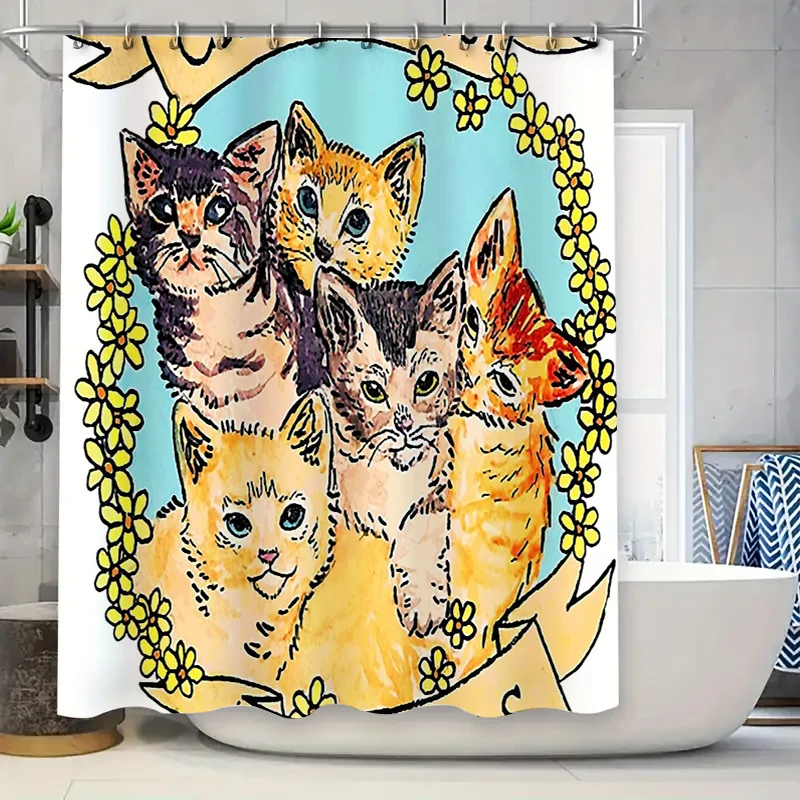 

Cute Cat Shower Curtain Animal Pattern Bathroom Decor Washable Waterproof Liner Home Textile Artistic Design Modern Style