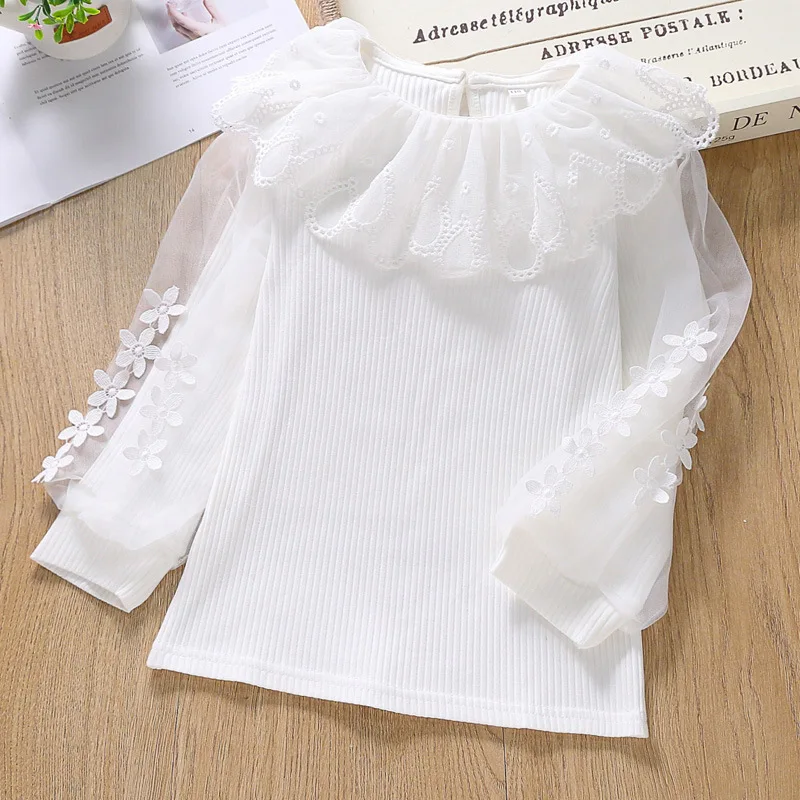 

White BlouseTeenage Shirts 2025 Autumn Winter Girls Tops And Blouses School Girl Lace Long Sleeve Shirt For Kids Baby Toddler