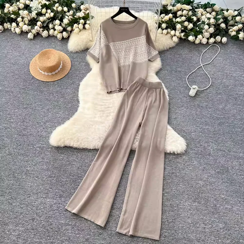 

Casual Loose Summer Women's Set New Striped Short Sleeve T-shirt+Elastic High Waist pant Knit 2-piece Sets Wide Leg pants Suit
