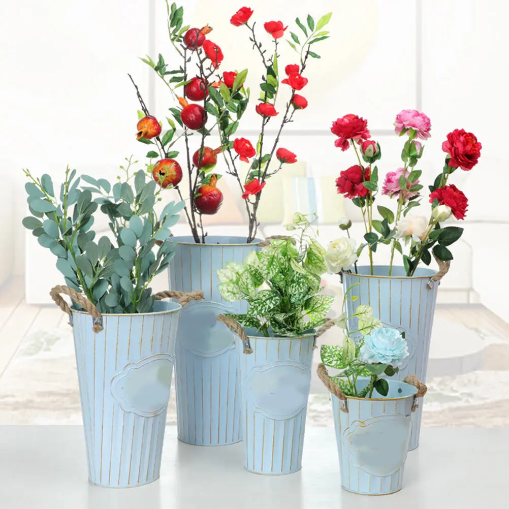 Iron Flower Bucket with Hemp Rope Retro Style Blue Flowerpot for Home Gardening Office Desk Decor Balcony Green Project