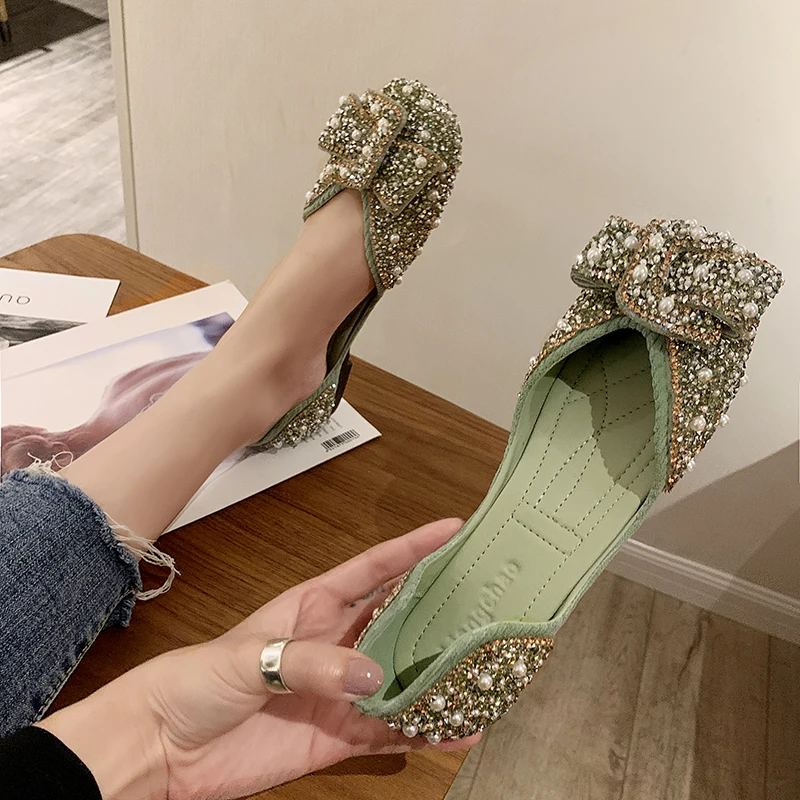 Zapatos planos con diamantes de imitación para mujer, zapatillas femeninas de punta cuadrada con lazo, versión coreana, primavera y verano, 2022