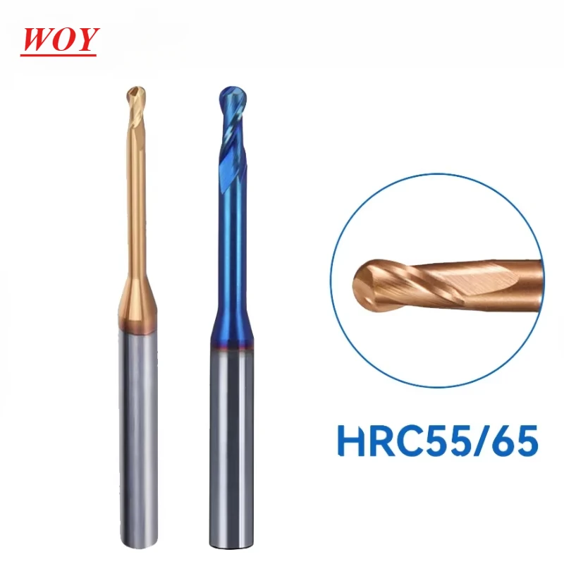 WOY HRC55 HRC65 Carbide Long Neck Ball Nose End Mills CNC Deep Groove Cutter Milling Cutter Router Bit Knife R0.15  R1 Endmills