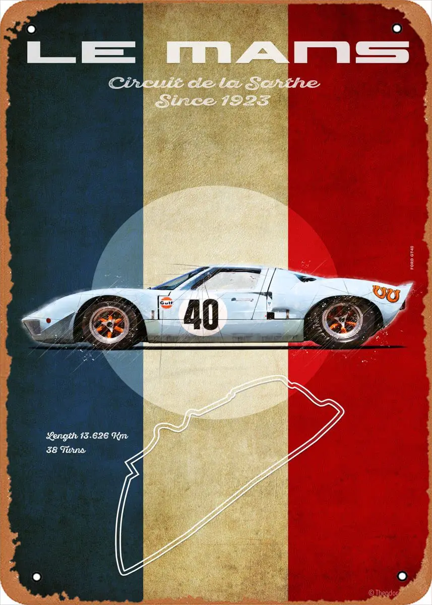 Le Mans GT40 Blue Metal Tin Sign 8 x 12 in Racetracks Vintage Poster Man Cave Decorative