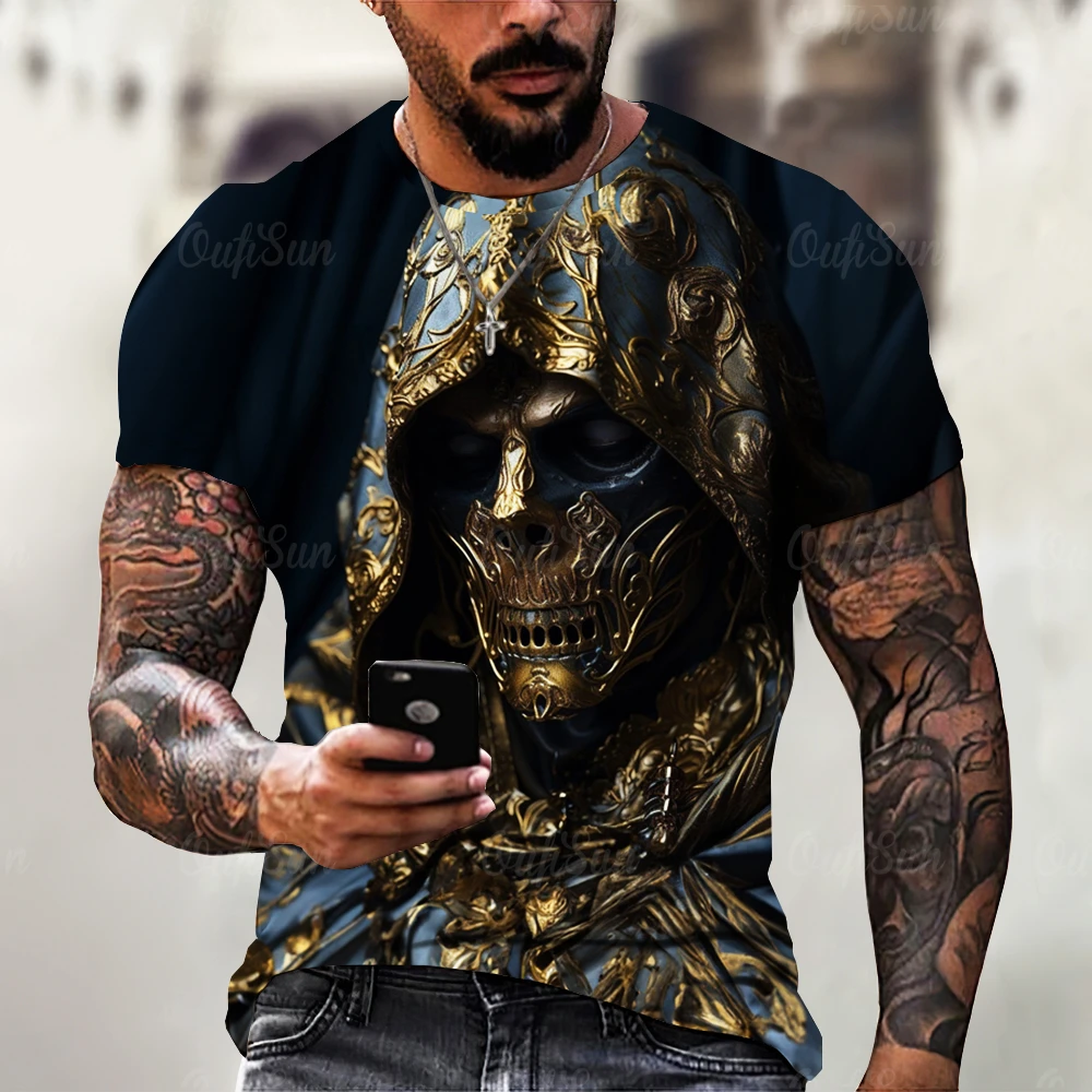 Summer Men\'s T-shirt Vintage Horror 3D Skull Print Classic Casual O Neck Short Sleeve Fashion Loose Oversized Tops Tee Shirt Men