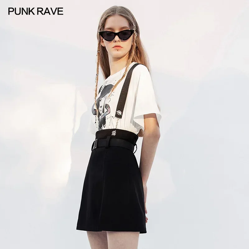 PUNK RAVE Women's Punk Daily Small A-LINE Removable Shoulder-strap Half Skirt Gifted Belt Casual Wear Collect Waist Girl Skirts