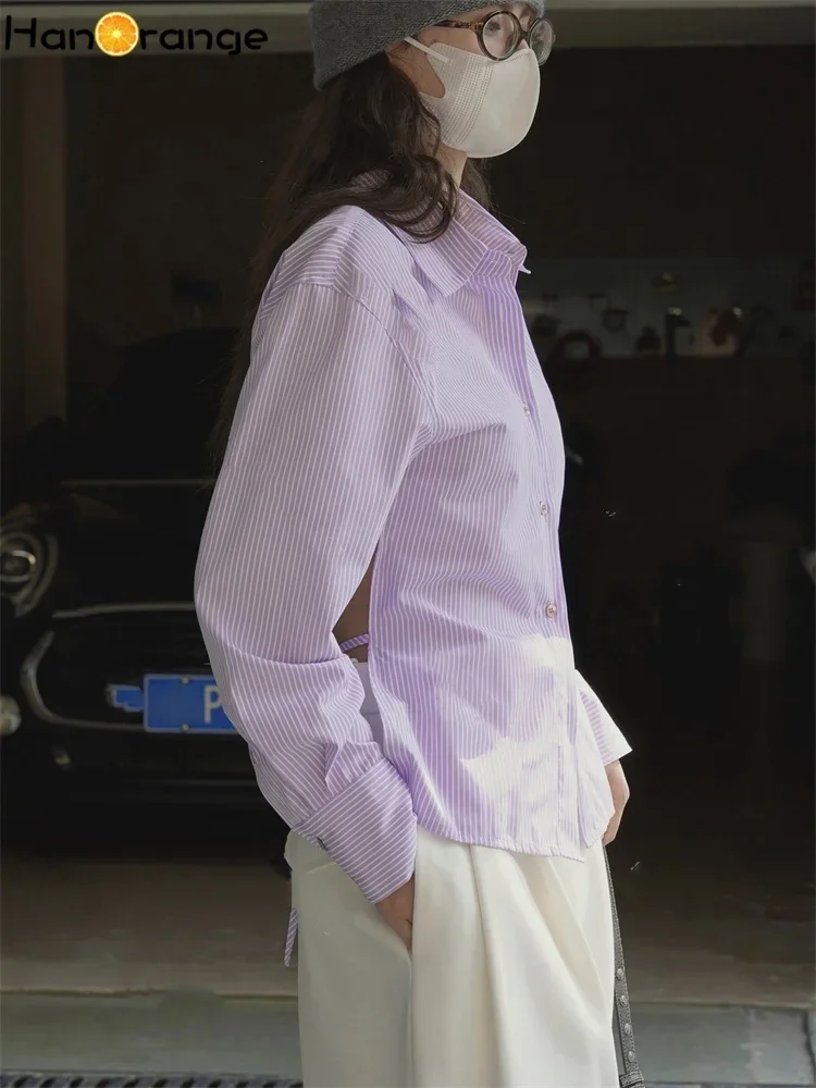 HanOrange 2025 Spring Back Hollowed Out Striped Shirt Women Sexy Silhouette Top Blue/Purple