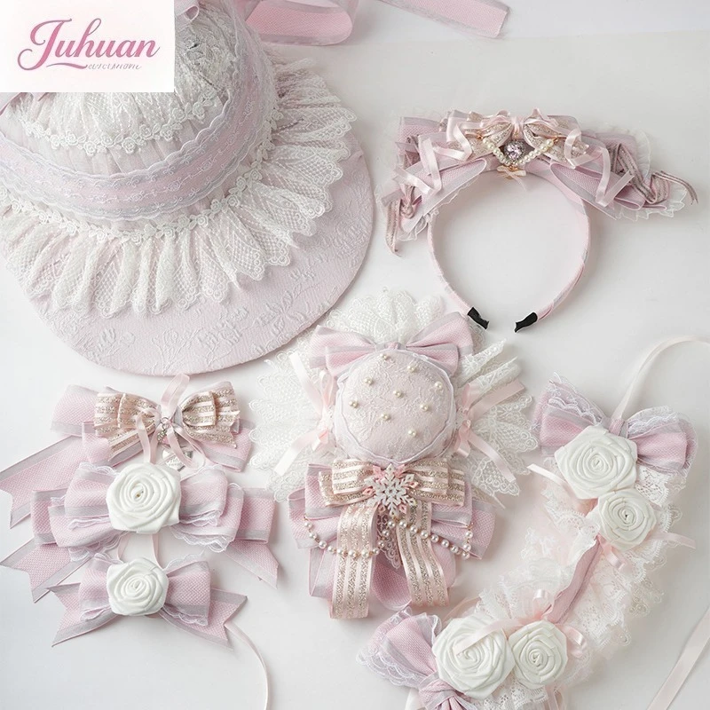 

Kawaii Sweet Girl Original Pink Handmade Lolita Lace Bonnet BNT Hat Rose Pearl Bow Hairpin Headband KC Hair Accessories Womens