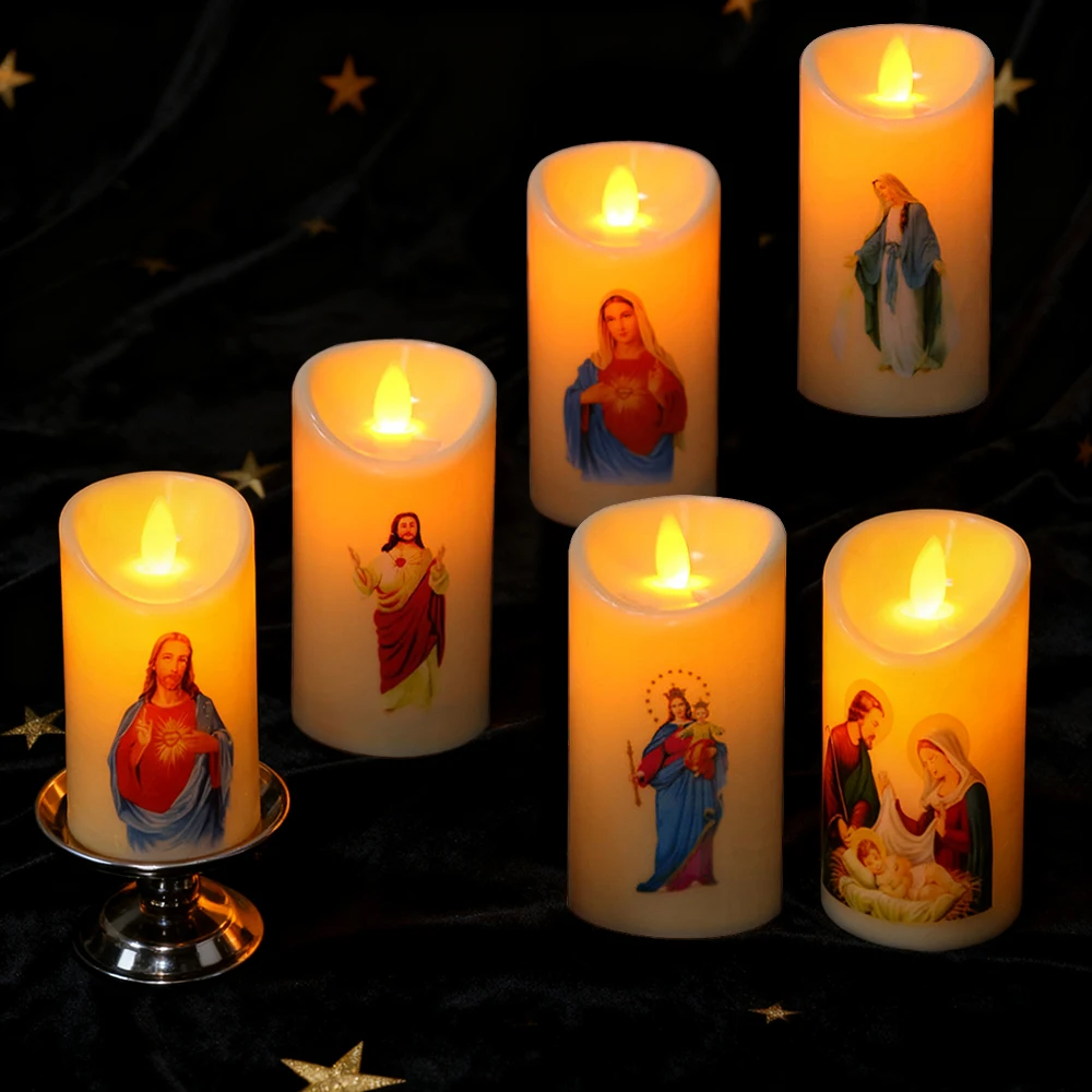 1개 LED 캔들 라이트, 예수 그리스도 캔들 램프 LED 티라이트 플라스틱 기둥 깜박이는 무불꽃 캔들 라이트 배터리 작동