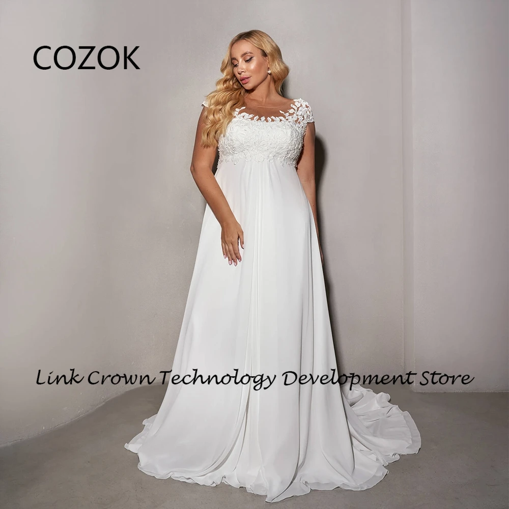 

COZOK Plus Size Wedding Dresses Short Sleeve Chiffon Bridal Gowns with Lace 2024 Court Train Vestidos De Novia Button Back Lace